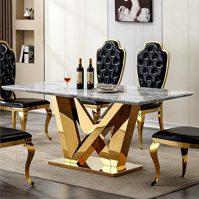 70" Marble Dining Table for 6-8, Modern Luxury Gold Rectangular Large Kitchen Table, Marble Grain MDF Tabletop & Stainless Steel Base, Dinner Furniture for Kitchen Dining Room, Meeting Room, Grey