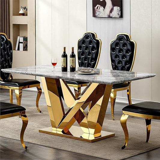 70" Marble Dining Table for 6-8, Modern Luxury Gold Rectangular Large Kitchen Table, Marble Grain MDF Tabletop & Stainless Steel Base, Dinner Furniture for Kitchen Dining Room, Meeting Room, Grey