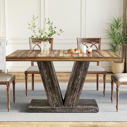 LITTLE TREE 47 Inches Dining Table for 4, Modern Dining Room Tables, Rectangle Kitchen Table with V-Shaped Pedestal, Wooden Dinner Table for Dining Room, Living Room (Rustic Brown & Carbon Black)