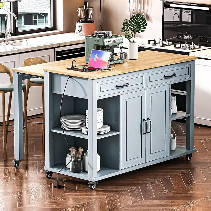 Modern Dining Table Kitchen Island with Extendable Countertop Internal Rack Power Outlet Adjustable Sturdy Stable Easy Clean Luxury,Blue-Wood