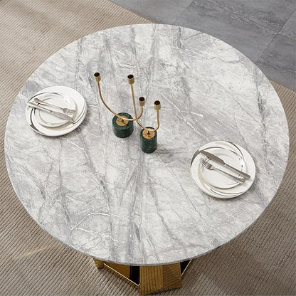 47" Round Marble Dining Table for 4-6, Luxury Modern Kitchen Table with Marble Grain MDF Tabletop & Gold Mirrored Stainless Steel Pedestal Base, Grey Stone Dinner Table for Dining Room (Table Only)