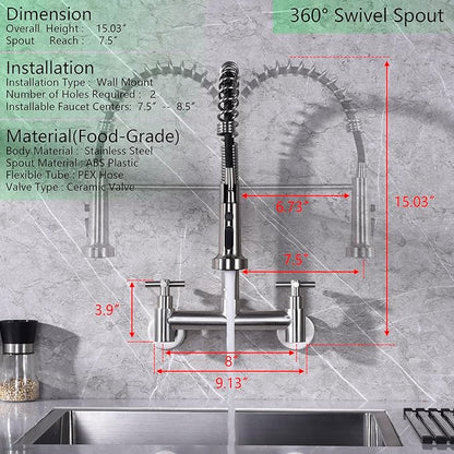 Wall Mount Faucet 8 Inch Center, with Pull Down Sprayer, Commercial Mixer Tap, High Arc Dual Handle Spring Kitchen Sink Faucets