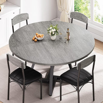 Jocoevol Round Kitchen Dining Room Table Circle Dining Dinner Table with Pedestal Metal Frame, Space Saving Wood Industrial Furniture for Small Space (Grey, 47IN)