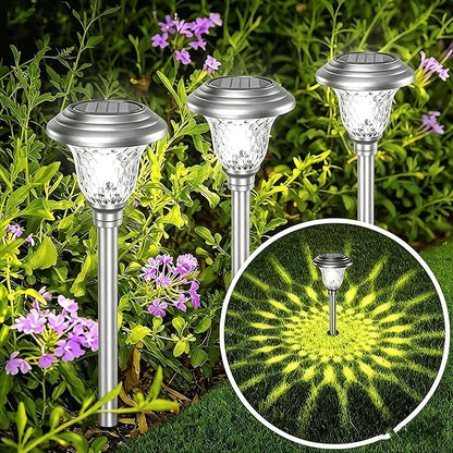 BEAU JARDIN 8 Pack Solar Pathway Lights White+ Color Changing Stainless Steel 3 Mode Outdoor Multicolor Metal Solar Powered Waterproof Glass for Garden Landscape Path Yard Walkway Driveway Silver