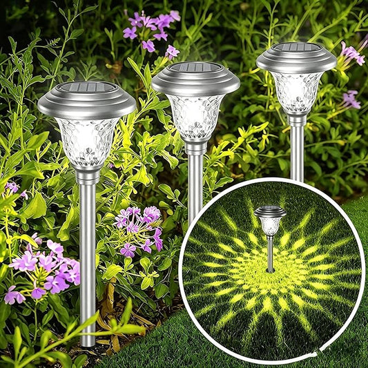 BEAU JARDIN 8 Pack Solar Pathway Lights White+ Color Changing Stainless Steel 3 Mode Outdoor Multicolor Metal Solar Powered Waterproof Glass for Garden Landscape Path Yard Walkway Driveway Silver