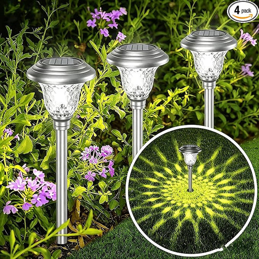 Beau Jardin 4 Pack Solar Pathway Lights White+ Color Changing Stainless Steel 3 Mode Outdoor Multicolor Metal Solar Powered Waterproof Glass for Garden Landscape Path Yard Walkway Driveway Silver