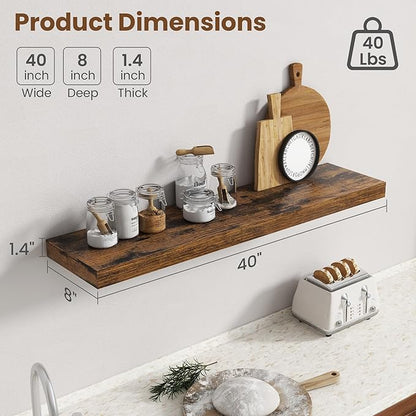 40 Inch Floating Shelves for Wall, 8 Inch Deep Floating Shelf for Storage & Display, Wall Mounted Shelf with Invisible Brackets for Living Room, Kitchen, Bathroom, Home Decor, Set of 2, Rustic Brown