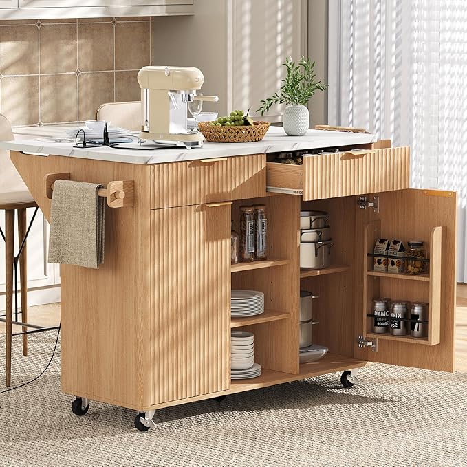 Merax Farmhouse 52 inch Rolling Kitchen Island on Wheels with Drop Leaf Table & Power Outlet, Wood Fluted Kitchen Cart on Wheels with Faux Marble Top, 2 Drawers & Cabinets, 52" Wide Natural