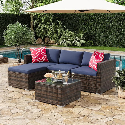GAOMON 5-Piece All-Weather Patio Furniture Set, Convertible Outdoor Sectional Sofa with Ottoman & Tempered Glass Table, PE Rattan Conversation Set for Garden, Backyard, Porch, Poolside
