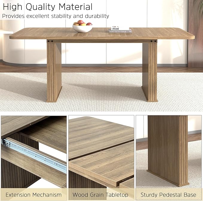 Modern Farmhouse Expandable Dining Table for 8-10 People, 78.74" Extendable Dining Table with Wood Strip Base, Large Rectangular Expandable Kitchen Dining Room Table for Dinner Party, Gathering, Brown