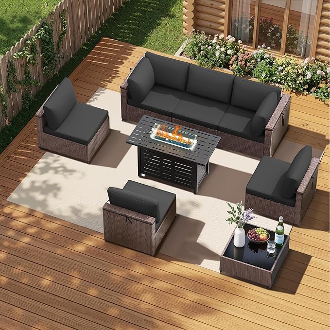 Patio Furniture Set 7 Pieces Conversation Set Wicker Outdoor Sectional Sofa,Ergonomic Armrests Couch with Cushion and Glass Table (Brown-Grey, 8 Piece-Fire Table)