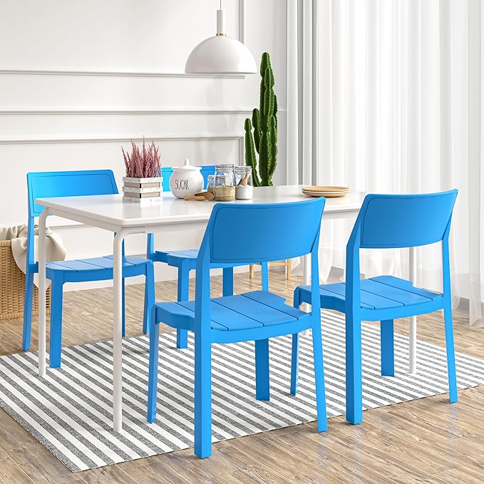 VECELO 4 Pack Plastic Dining Chairs, Stackable Patio Chairs for Indoor Outdoor Use in Kitchen, Poolside, No Assembly Required, Blue