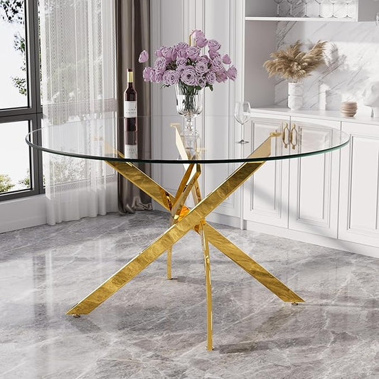 47" Modern Minimalist Round Glass Dining Table,4-Person Luxury Table with Tempered Glass Top & Adjustable Chrome Legs for Dining Room, Kitchen & Living Room(Gold)