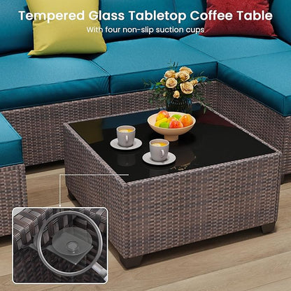 9 Piece Outdoor Patio Furniture Set with 28'' Fire Pit Table, Outdoor Sectional Furniture, Rattan & Wicker Modern Modular Conversation Set Sofa Couch W/Water Resistant Thick Cushions,Brown/Peacockblue
