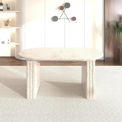 Extendable Dining Room Table for 4 6 8, 78.74" to 62.99" Beige Faux Travertine Marble Pattern Modern Farmhouse Wooden Kitchen Expanding Long Large Expandable Conference Table with Pedestal Base