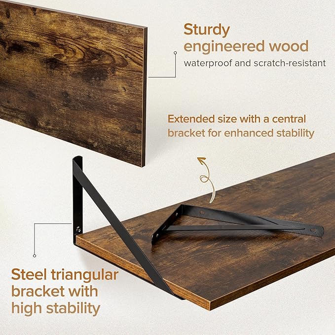 Acovy Deep Floating Shelves Wall Mounted, 55"x12" Brown Wood Shelves with Brackets Set of 2 for Bedroom, Living Room, Bathroom, Kitchen, Office - Storage & Display Shelf for Decor, Books, Plants