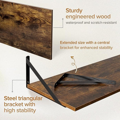 Acovy Deep Floating Shelves Wall Mounted, 55"x12" Brown Wood Shelves with Brackets Set of 2 for Bedroom, Living Room, Bathroom, Kitchen, Office - Storage & Display Shelf for Decor, Books, Plants
