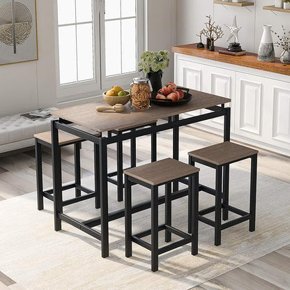 Solid Wood 4-Piece Kitchen Dining Table Set, Counter Height Bar Table Set with 3 Stools and Storage Shelves, Perfect for Home, Kitchen, Living Room (Dark Brown-1)