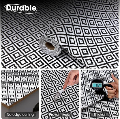 Drawer and Shelf Liner, Non-Slip Kitchen Cabinet Liners Non-Adhesive Thick Strong Grip Waterproof Washable Mats Protect Dresser Shelves Cupboard Bathroom Cabinets, Black & White, 24 in X 20 FT
