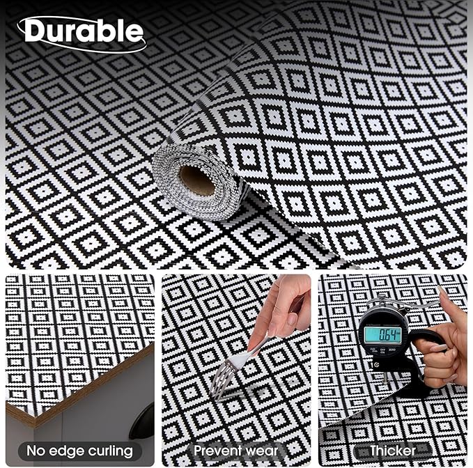 Drawer and Shelf Liner, Non-Slip Kitchen Cabinet Liners Non-Adhesive Thick Strong Grip Waterproof Washable Mats Protect Dresser Shelves Cupboard Bathroom Cabinets, Black & White, 18 in X 30 FT