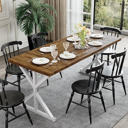 Farmhouse Dining Table for 6-8 People, 70.8 Inch Rectangular Wood Dining Table, Rustic Kitchen Table with Extra Heavy Duty Metal Legs for Dining Room - Rustic Oak/White