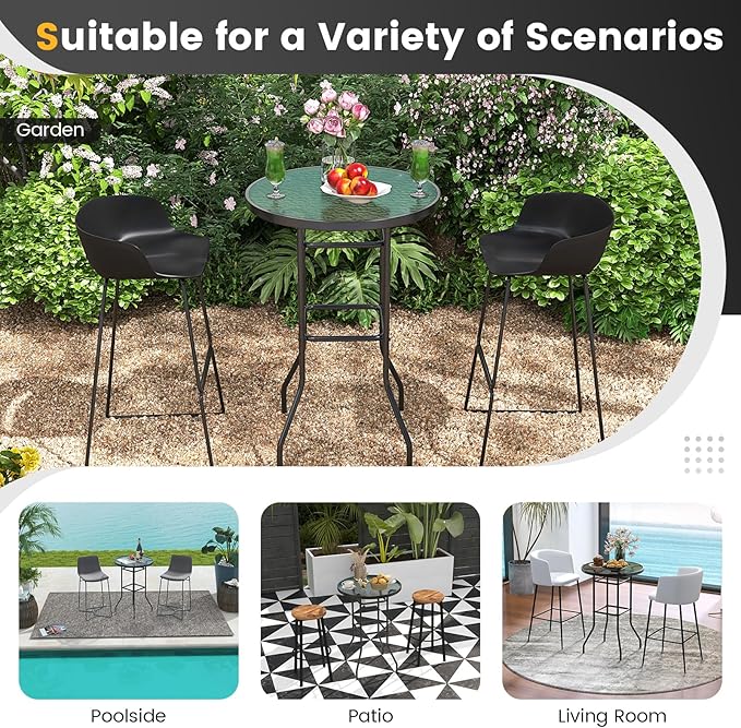 Giantex Patio Bar Table, 38" Height High Top Bistro Table, 27" Round Tempered Glass Tabletop, Heavy-Duty Metal Frame, Outdoor Table for Bistro Porch Garden Balcony
