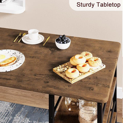 TrailBlaze Space-Saving 3-Piece Dining Table Set for 2 with 3 Storage Shelves, Upholstered Chairs - Ideal for Small Apartments, Breakfast Nook - Rustic Brown - Classic Color - 1+2 Set