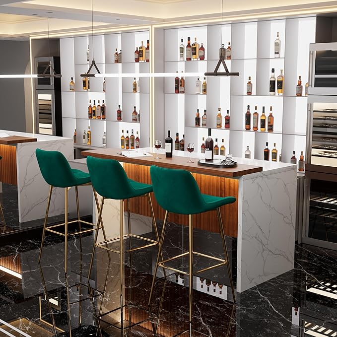 Modern Bar Table and Bar Stools Set, Marble-Look Counter Table with Wood Accent Top & Green Velvet Bar Chairs Set of 3 with Gold Legs, Kitchen Island Pub Table Set for Home Bar, Dining Room