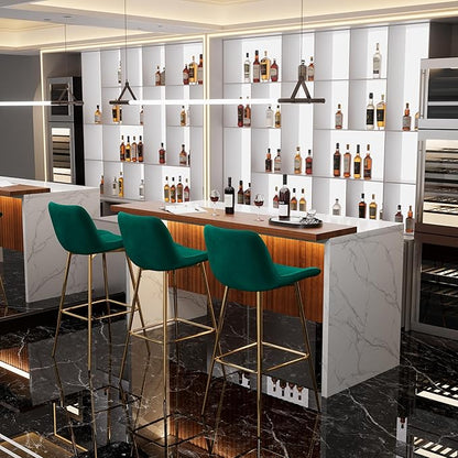 Modern Bar Table and Bar Stools Set, Marble-Look Counter Table with Wood Accent Top & Green Velvet Bar Chairs Set of 3 with Gold Legs, Kitchen Island Pub Table Set for Home Bar, Dining Room
