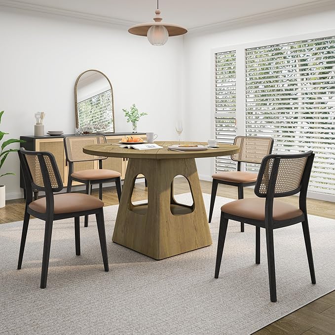 47" Round Wooden Dining Table, Kitchen Table with Rustic Farmhouse Look, Dinner Tables with Storage Base for Home Dining Areas, Natural