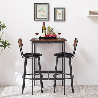Square Bar Stool Table Set of 2, Dinner Table Set Upholstered Seat with Backrest, Comfortable PU Padded Seat, Height Coffee Kitchen Table Set with Strong Iron Frame Supports 350 lbs, Grey