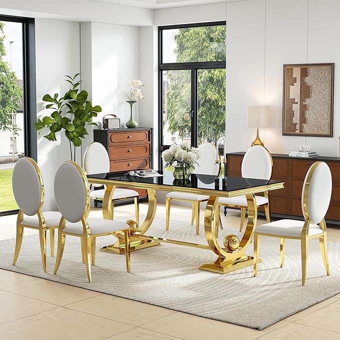 7-Piece Modern Luxury Dining Table Set, 70" Black Tempered Glass Kitchen Table with Gold Polished Stainless Steel U-Shaped Pedestal Base and 6 White PU Leather Chairs, for Dining Room and Kitchen