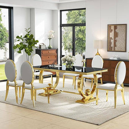 7-Piece Modern Luxury Dining Table Set, 70" Black Tempered Glass Kitchen Table with Gold Polished Stainless Steel U-Shaped Pedestal Base and 6 White PU Leather Chairs, for Dining Room and Kitchen