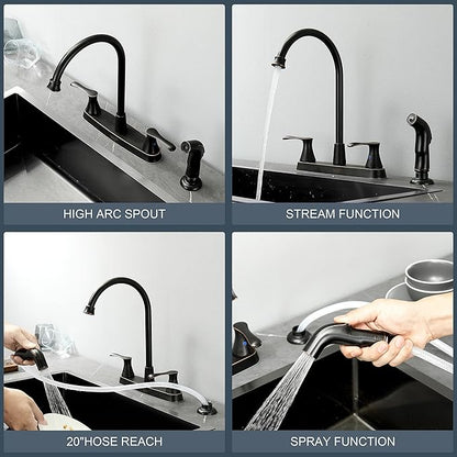 Oil-Rubbed-Bronze Kitchen Faucet with Side Sprayer, Bronze 2-Handle Faucet for 4 Holes Kitchen Sink
