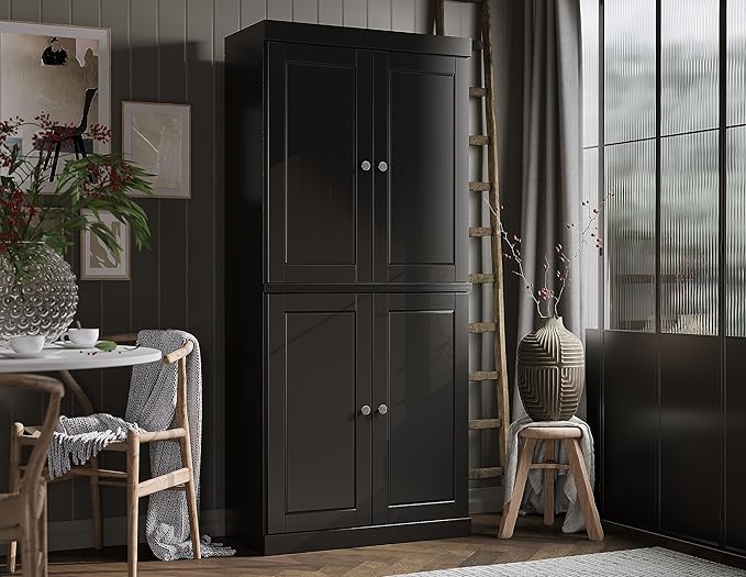 Palace Imports Solid Wood Kitchen Pantry Cabinet - 71.5" Tall x 32" Wide - Wooden Storage Cabinet with 4 Doors & Adjustable Shelves, Black, 100% Renewable Eco-Friendly Wood, Made in Brazil