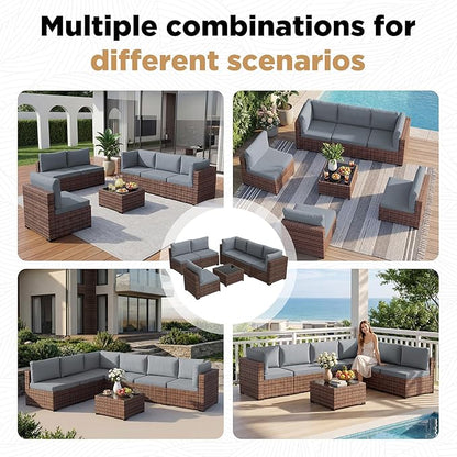 LHBcraft Patio Furniture Set,7 Pieces Outdoor Wicker Rattan Patio Furniture with Rain Cover, Wicker Rattan Outdoor Sectional Sofa Set with Coffee Table for Garden, Taupe-Blue
