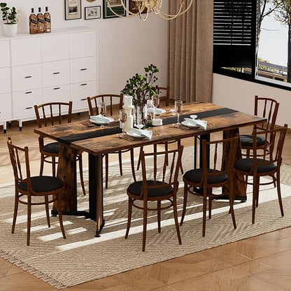 71" Scratch-Resistant Island Table, Rustic Dining Table with Premium MDF, Farmhouse Dining Table for Kitchen & Living Room, Black,Rustic Brown