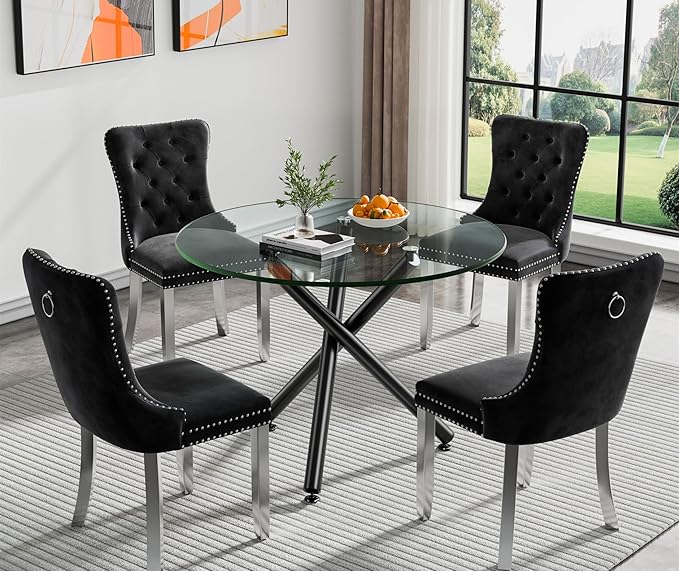 SSLine 35.4" Round Glass Dining Table for 2-4 Modern Circle Glass Tabletop Kitchen Table for 4 Luxury Dinner Tables with Black Metal Legs for Home Kitchen Dining Room(Table Only)