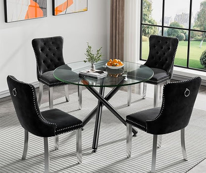 SSLine 35.4" Round Glass Dining Table for 2-4 Modern Circle Glass Tabletop Kitchen Table for 4 Luxury Dinner Tables with Black Metal Legs for Home Kitchen Dining Room(Table Only)