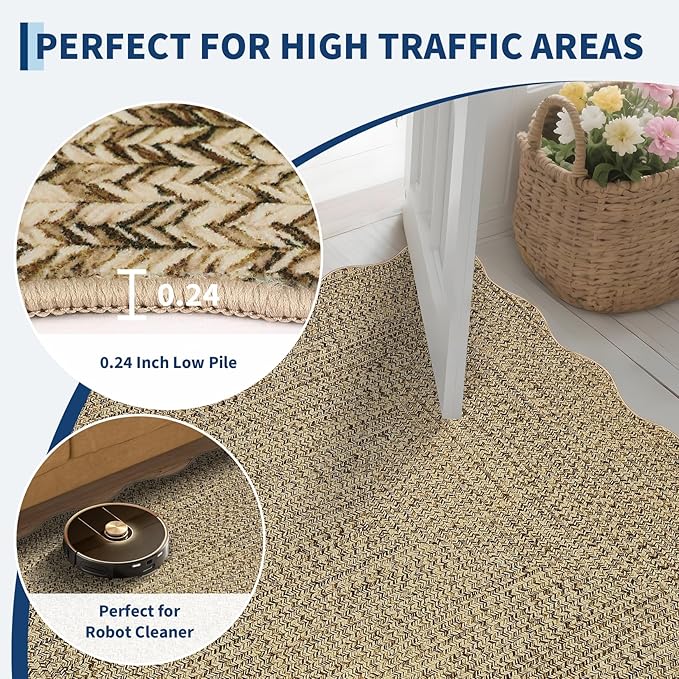 Imitation Braided Collection-Print 4x6 Bedroom Washable Area Rug Dining Room Throw Carpet with Non Slip Rubber Backing, Farmhouse Soft Low Pile Rustic Accent Rug for Living Room Home Decor