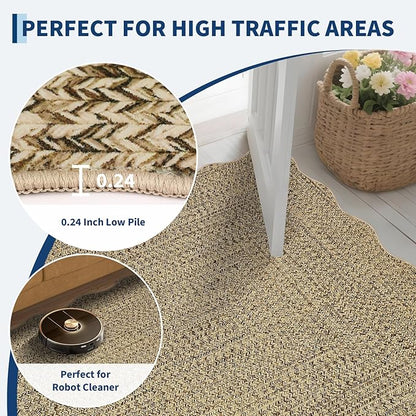 Imitation Braided Collection-Print Large Washable Rug 9x12 Non-Slip Area Rugs for Living Room, Natural Bordered Carpet, Stain Resistant Thin Foldable Floor Cover for Nursery Dining Room