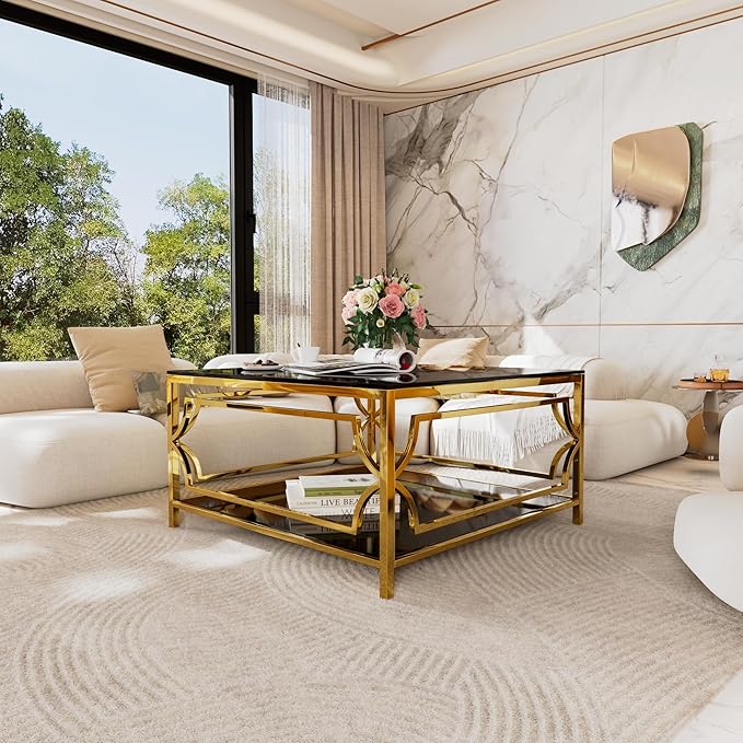 Harper & Bright Designs Square Glass Coffee Table in 33.5",Luxurious Geometric Metal Frame,Gold Finish & Lower Shelf