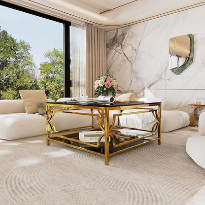 Harper & Bright Designs Square Glass Coffee Table in 33.5",Luxurious Geometric Metal Frame,Gold Finish & Lower Shelf