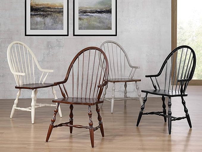 Sunset Trading Andrews Windsor Dining Chair with Arms | Two Tone Antique White Chestnut Brown Solid Wood | Fully Assembled Armchair