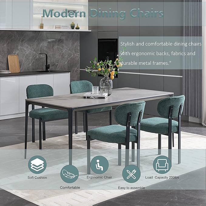 Set of 4 Modern Boucle Dining Chairs, Mid-Century Upholstered Chairs with Black Metal Legs, Ideal for Dining Room, Kitchen Island, Living Room, Bedroom, Home Office, Antique Green