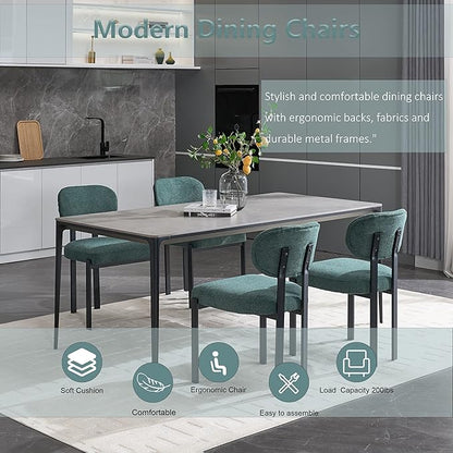 Set of 4 Modern Boucle Dining Chairs, Mid-Century Upholstered Chairs with Black Metal Legs, Ideal for Dining Room, Kitchen Island, Living Room, Bedroom, Home Office, Antique Green
