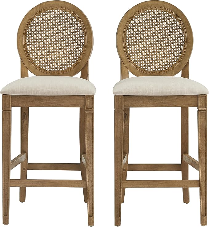 Crosley Furniture Katia Traditional Oval Cane-Back Counter Height Stool Set of 2, Upholstered Bar Stools, Driftwood/Crème