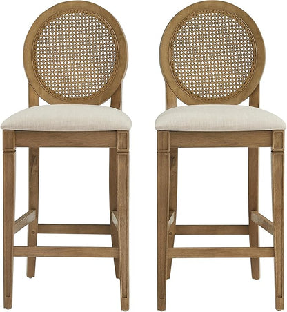 Crosley Furniture Katia Traditional Oval Cane-Back Counter Height Stool Set of 2, Upholstered Bar Stools, Driftwood/Crème