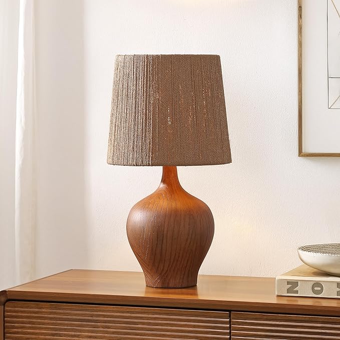 JONATHAN Y 23" Brown Wood Finish Rustic Farmhouse Resin Gourd LED Table Lamp for Bedroom, Living Room, Nightstand, with Brown Paper Rope Shade, LED Bulb Included JYL9200A