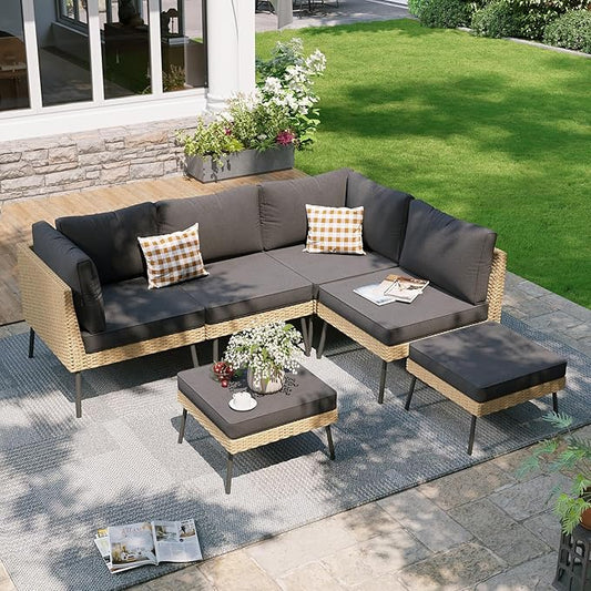 Aoxun 6-Piece Patio Furniture Set, Wicker Outdoor Furniture with Water Resistant Thick Cushions, Patio Conversation Set Outdoor Sectional Sofa with Coffee Table for Backyard Poolside, Black